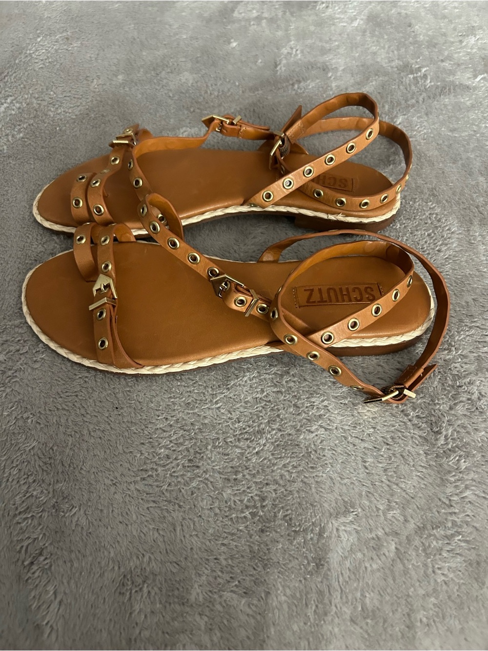 SCHUTZ Cognac Leather Grommet Strappy Espadrille Sandals - Picture 4 of 6